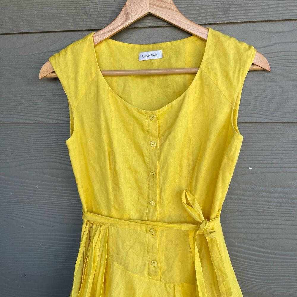 Calvin Klein yellow 100% cotton fit and flare belted dress-fits like size small - Picture 2 of 4